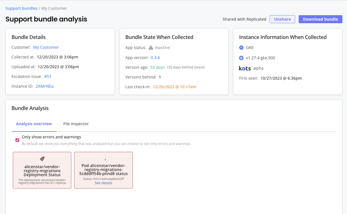 Support bundle analysis page